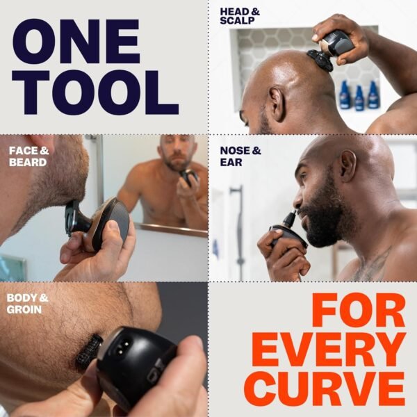 FlexSeries Electric Head & Body Hair Shaver - Mens Cordless Rechargeable Wet/Dry Skull Bald Head Back & Groin Waterproof Razor with Rotary Blades, Clippers, Nose Trimmer, Brush, Massager