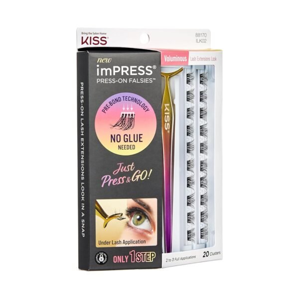 KISS imPRESS Falsies Self Adhesive Eyelashes, Press On Lashes, 12mm-14mm Glam Volume Lashes, Black, No Glue Needed, Invisible Band, 36 Lash Clusters & Non-Stick Applicator - Voluminous