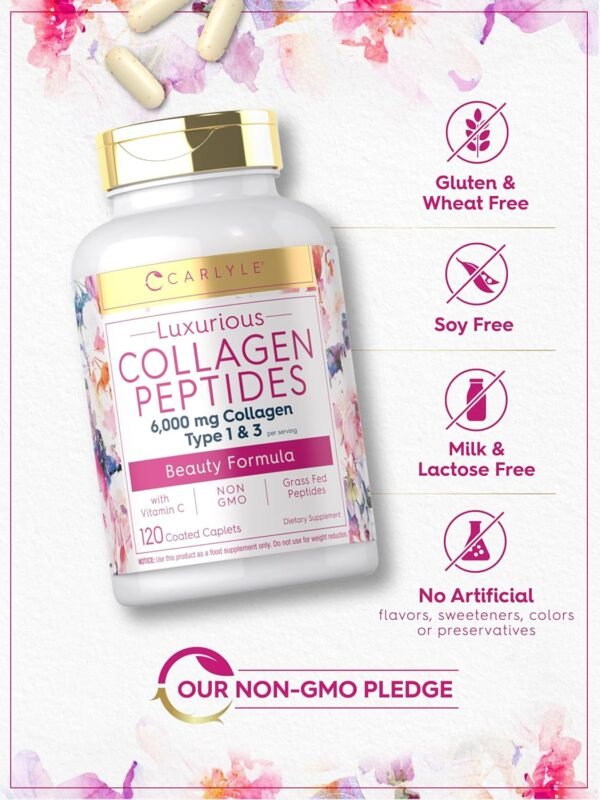 81APA4lvI8L._AC_SL1500_.jpg Carlyle Collagen with Vitamin C | 6000mg | 120 Caplets | Multi Collagen Peptide Pills | Type 1 and 3 | Non-GMO, Gluten Free, Grass Fed