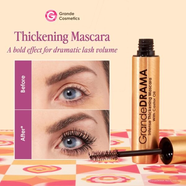 Grande Cosmetics GrandeDRAMA Intense Thickening Mascara with Castor Oil, Volumizing, Conditioning, Buildable Formula
