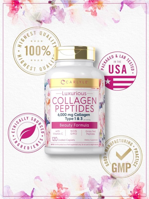 81Ar46wMFOL._AC_SL1500_.jpg Carlyle Collagen with Vitamin C | 6000mg | 120 Caplets | Multi Collagen Peptide Pills | Type 1 and 3 | Non-GMO, Gluten Free, Grass Fed