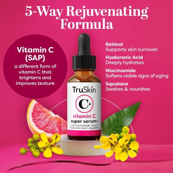 81BCtbzOKpL._SL1500_.jpg TruSkin Vitamin C Super Serum - Niacinamide, Retinol, Hyaluronic & Salicylic Acid - All-in-One Anti Aging Serum for Face – Improve Appearance of Dark Spots, Firmness for Brighter Looking Skin, 2 Fl Oz