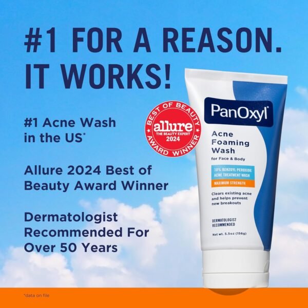 PanOxyl Acne Foaming Wash Benzoyl Peroxide 10% Maximum Strength Antimicrobial, 5.5 Oz