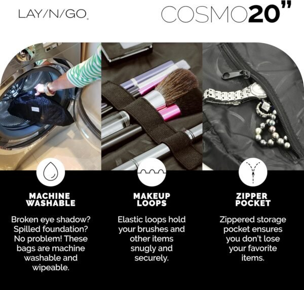 81BxZzZa2OL._AC_SL1500_.jpg Lay-n-Go Cosmo Drawstring Cosmetic & Makeup Bag Organizer - Portable Drawstring Bag w/Zipper Pocket, Makeup Loops & More - Durable, Machine Washable Toiletry Bag for Travel (20", Black)