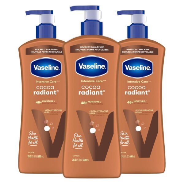 81C3xsXMqZL._SL1500_.jpg Vaseline Intensive Care Body Lotion Cocoa Radiant 3 count for Dry Skin Lotion Made with Ultra-Hydrating Lipids and Pure Cocoa Butter for a Long-Lasting, Radiant Glow 20.3 Oz