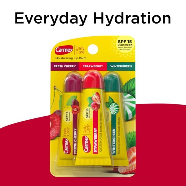 81DNToMVvGL._SL1500_.jpg Carmex Daily Care Moisturizing Lip Balm Pack, Lip Balm With Sunscreen in Fresh Cherry, Strawberry and Wintergreen -0.35 Ounce (Pack of 3)