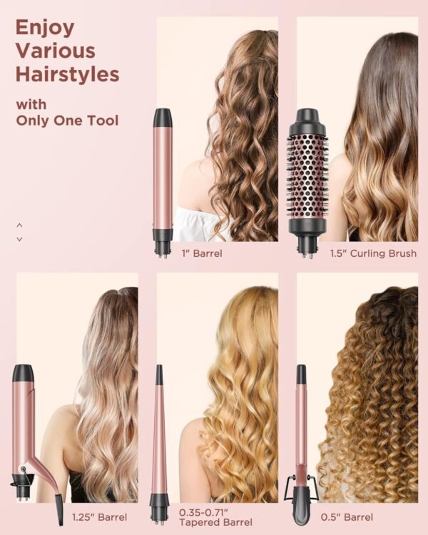 81DfKBcQeL._SL1500_.jpg Wavytalk 5 in 1 Curling Iron Set with Curling Brush and 4 Interchangeable Ceramic Curling Wand (0.35"-1.25”), Instant Heat Up, Dual Voltage Hair Curler