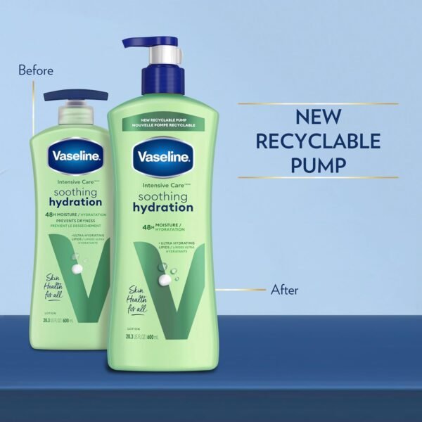 81DlzmYukYL._SL1500_.jpg Vaseline Intensive Care Body Lotion for Dry Skin Soothing Hydration Lotion Made with Ultra-Hydrating Lipids + 1% Aloe Vera Extract to Refresh Dehydrated Skin 20.3 oz, Pack of 3 (packaging May Vary)