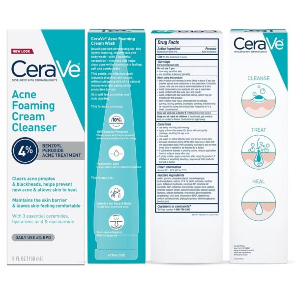 81EkeD1QIL._SL1500_.jpg CeraVe Acne Foaming Cream Cleanser, 4% Benzoyl Peroxide Face Wash With Hyaluronic Acid, Niacinamide & Ceramides, Gentle Daily Acne Treatment For Face