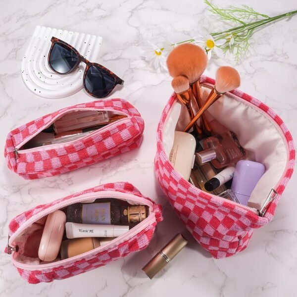 81FF4OvdPnL._SL1500_.jpg ZLFSRQ 3Pcs Checkered Makeup Bag for Women Large Small Checkered Cosmetic Bag Set Cute Aesthetic Pink Makeup Pouch for Purse Travel Toiletry Bags Preppy Pencil Bags Zipper Skincare Storage Organizer
