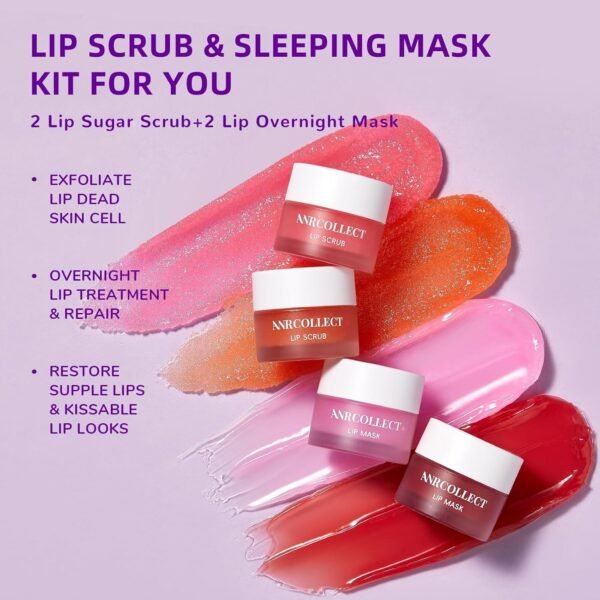 81FJkp6Bz6L._SL1500_.jpg Lip Scrub & Lip Mask - Overnight Treatment Lip Care Kits with 2 Lip Exfoliator & 2 Sleeping Lip Balm, Intense Hydration Lip Set for Dry Chapped Cracked Lips, Exfoliate & Moisturize (4 Pack)