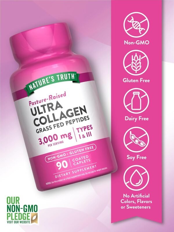 81FQqNuYx8L._AC_SL1500_.jpg Nature's Truth Collagen Peptides | 90 Caplets | Type 1 and 3 with Vitamin C | Grass Fed, Non-GMO & Gluten Free Supplement