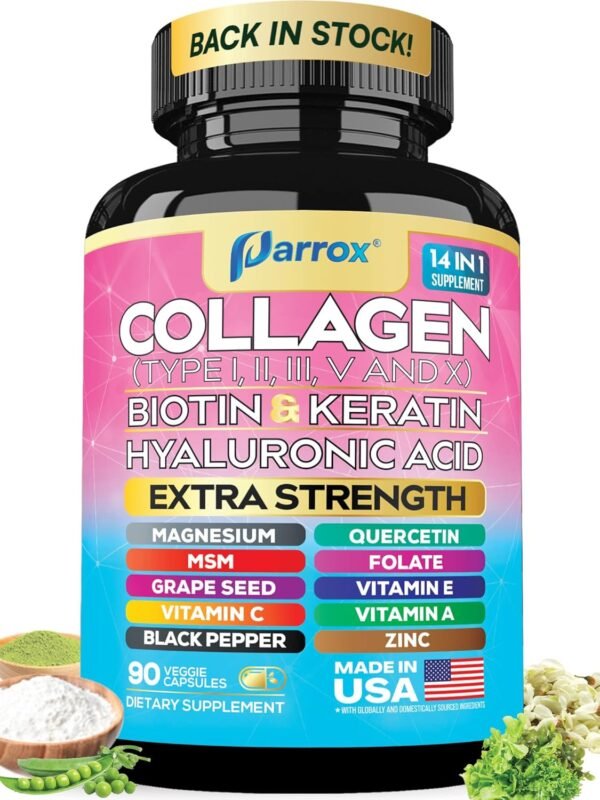 Collagen Peptides Types I, II, III, V & X, MCG Biotin, Keratin, Hyaluronic Acid, MSM, Zinc, Grape Seed Extract, Quercetin, Vitamin A, Vitamin C, Vitamin E, Magnesium, Folic Acid (90 Capsules)