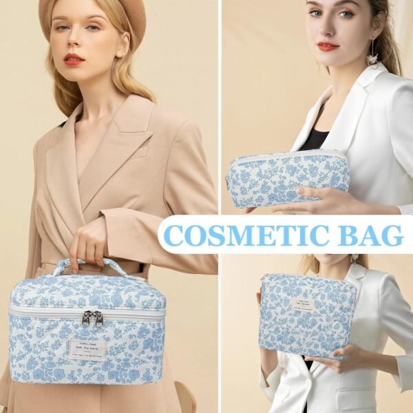 81GFlKlUqCL._AC_SL1500_.jpg Makeup Bag, Large Quilted Cosmetic Bag, Big Floral Make Up Bag for Women Girls, Cute Cotton Makeup Bag Set, Flower Travel Toiletry Organizer Bag