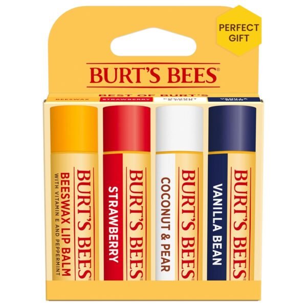 81GLsWhqANL._SL1500_.jpg Burt's Bees Lip Balm, Beeswax, Strawberry, Coconut and Pear, and Vanilla Bean Pack, With Responsibly Sourced Beeswax, Tint-Free, Natural Lip Treatment, 4 Tubes, 0.15 oz.