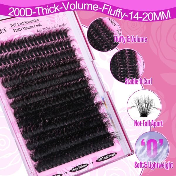 Yawamica Fluffy Lash Clusters Thick 200D Volume Eyelash Clusters 14-20mm Wispy Individual Lashes D Curly Cluster Eyelash Extensions 240pcs DIY Lash Extension for Beginners