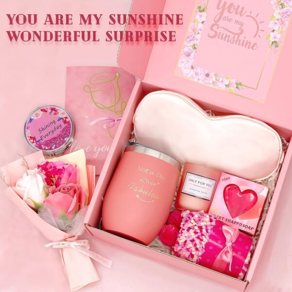 Pink Gift Baskets, 9 Pcs Unique Spa Gift Basket Set, Get Well Soon Gifts, Birthday Gifts for Her, Wife, Teacher, Girlfriend, Friends, Sister