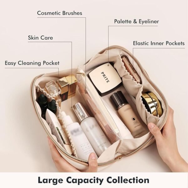 81GdBlaVDzL._AC_SL1500_.jpg Prite Makeup Bag for Women Travel Waterproof Vegan Leather Cosmetic Bag Open Flat Toiletry Bag With Clear Divider and Handle (Beige)