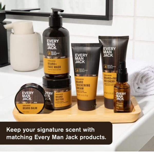 Every Man Jack Mens Sandalwood Beard Set - 5 Full-Sized Grooming Essentials For a Complete Routine - Beard + Face Wash, Beard + Face Lotion, Hydrating Beard Oil, Beard Butter, and Beard Comb