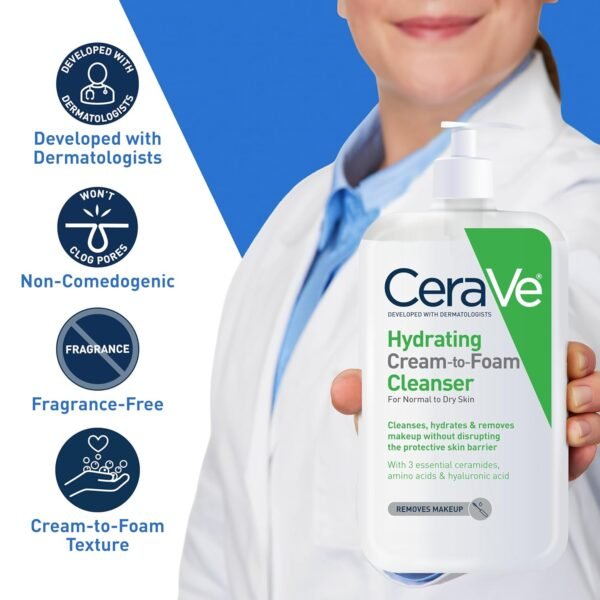 81GlWhYu9GL._SL1500_.jpg CeraVe Hydrating Cream To Foam Cleanser, Makeup Remover Face Wash For Dry Skin, Foaming Facial Cleanser With Hyaluronic Acid, Normal To Dry Skin, Fragrance Free & Non Comedogenic, 19 Fluid Ounce