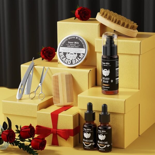Isner Mile Beard Grooming Kit for Men: Trimming Sets with Beard Wash/Shampoo - Oil - Balm - Brush - Comb - Scissors & Storage Bag, Valentines Birthday Fathers Gifts for Dad Men Husband Boyfriend