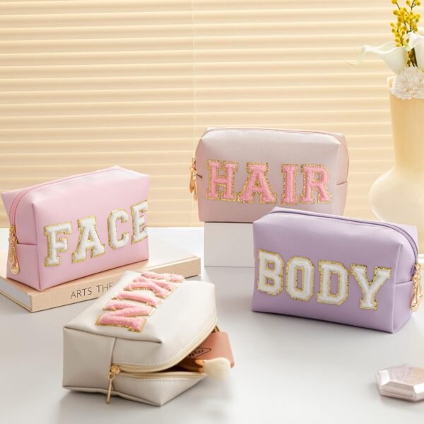 81HDoamoxHL._AC_SL1500_.jpg HBselect 4 Pcs Chenille Letter Patch Makeup Bags - Portable Waterproof Cosmetic Organizer for Women