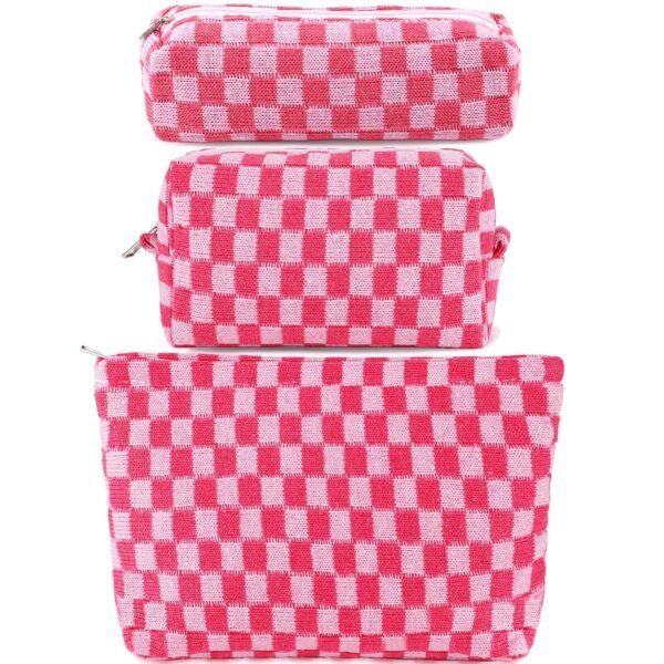 81HPXsxYJtL._SL1500_.jpg ZLFSRQ 3Pcs Checkered Makeup Bag for Women Large Small Checkered Cosmetic Bag Set Cute Aesthetic Pink Makeup Pouch for Purse Travel Toiletry Bags Preppy Pencil Bags Zipper Skincare Storage Organizer