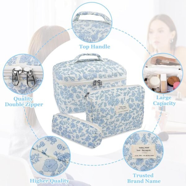 81HTd9-gqPL._AC_SL1500_.jpg Makeup Bag, Large Quilted Cosmetic Bag, Big Floral Make Up Bag for Women Girls, Cute Cotton Makeup Bag Set, Flower Travel Toiletry Organizer Bag
