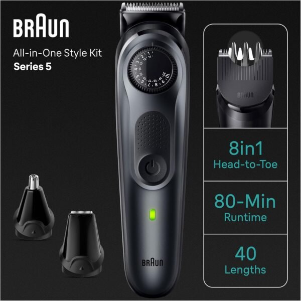 Braun All-in-One Style Kit Series 5 5471, 8-in-1 Trimmer for Men with Beard Trimmer, Body Trimmer for Manscaping, Hair Clippers & More, Ultra-Sharp Blade, 40 Length Settings, Waterproof