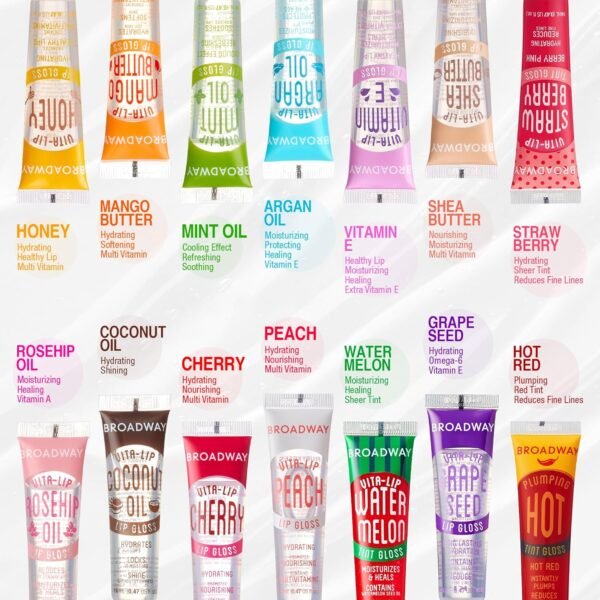 81HiUpGAESL._SL1500_.jpg Ruby Kisses Broadway Vita-Lip Tinted Lip Gloss (9 Pack) Ultra-Hydrating, Nourishing, Soothing Formula with Vitamins, High-Shine Non-Sticky Lip Balm with Rosehip+Coconut Oil, Pink, Red & Brown Shades