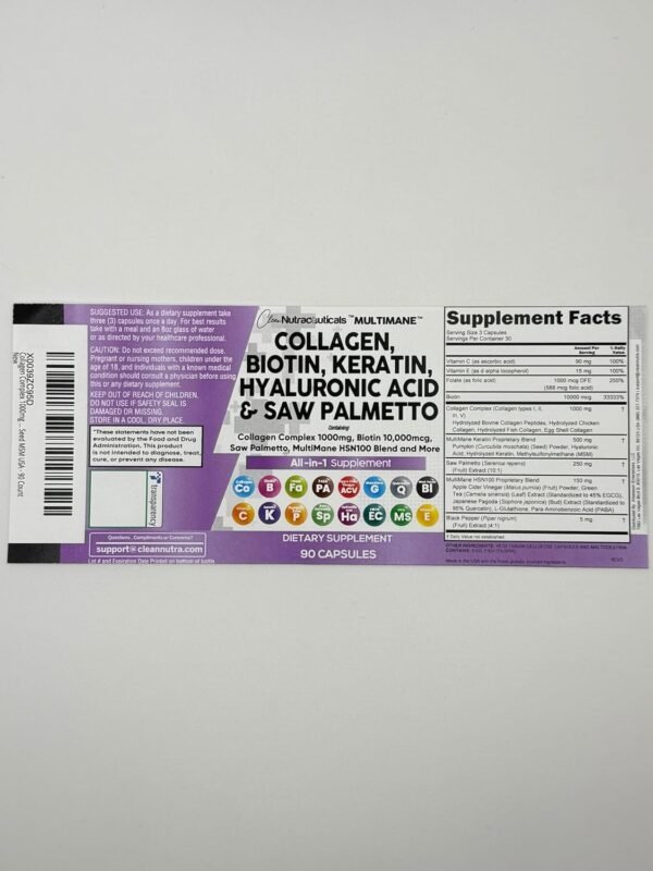 Clean Nutraceuticals Collagen Pills 1000mg Biotin 10000mcg Keratin Saw Palmetto Hyaluronic Acid - Hair Skin & Nails Vitamins & DHT Blocker with Vitamin E Folic Acid Pumpkin Seed MSM - 90 Count