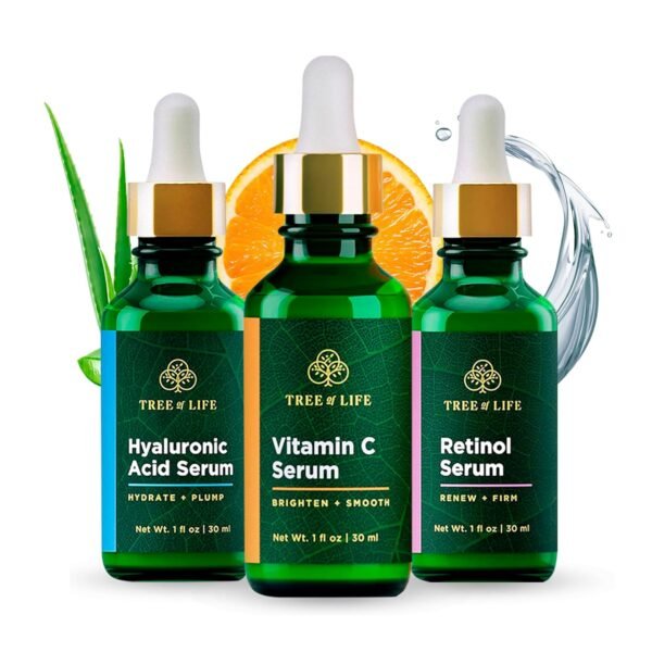 81Immteo3zL._SL1500_.jpg Tree of Life Beauty Facial Skin Care Set, Brightening, Firming, Hydrating, Dry Face, Dermatologist Tested - Trio Power Kit, Vitamin C, Retinol and Hyaluronic Acid, 3 count of 1 Fl Oz