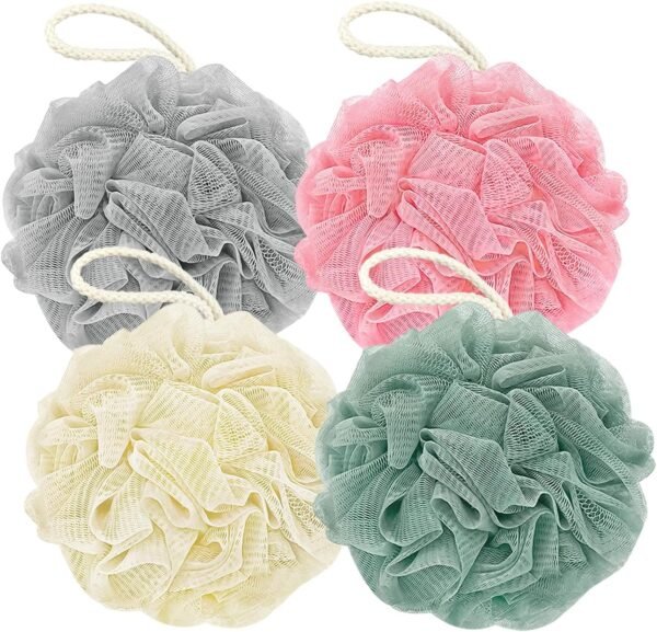 Shower Loofah Bath Sponge, 60G Loofah Exfoliating Body Scrubber, 4 Color Mesh Shower Pouf Balls for Body Wash (Ice Cream)