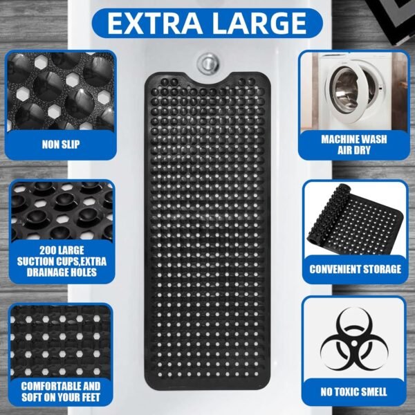 MOONFLY Shower and Bathtub Mat,40x16 Inches,Extra Long Non Slip Mats with Suction Cups and Drain Holes, Machine Washable and Anti Slip Bathmats, Bathroom Mats for Tub Nonslip (Black)