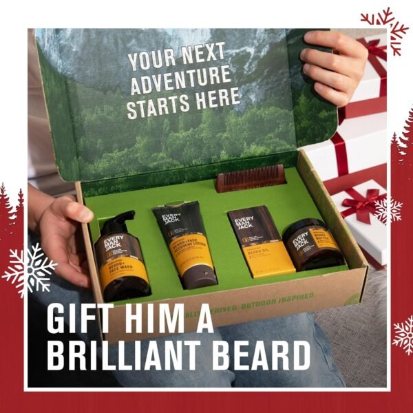 Every Man Jack Mens Sandalwood Beard Set - 5 Full-Sized Grooming Essentials For a Complete Routine - Beard + Face Wash, Beard + Face Lotion, Hydrating Beard Oil, Beard Butter, and Beard Comb