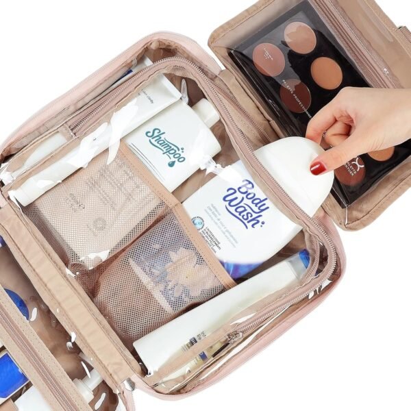 NISHEL Travel Toiletry Bag for Women Large Capacity, Makeup Essentials Organizer, Hanging Case for Accessories, Cosmetics, Pink