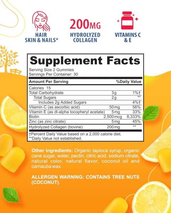 SUNNY SAM Biotin Collagen Gummies for Women & Girls - Low Sugar 60 Chewable Beauty Collagen Gummies for Enhanced Hair Skin and Nails - Biotin, Vitamin A, Zinc Supplement - Natural Lemon Flavor