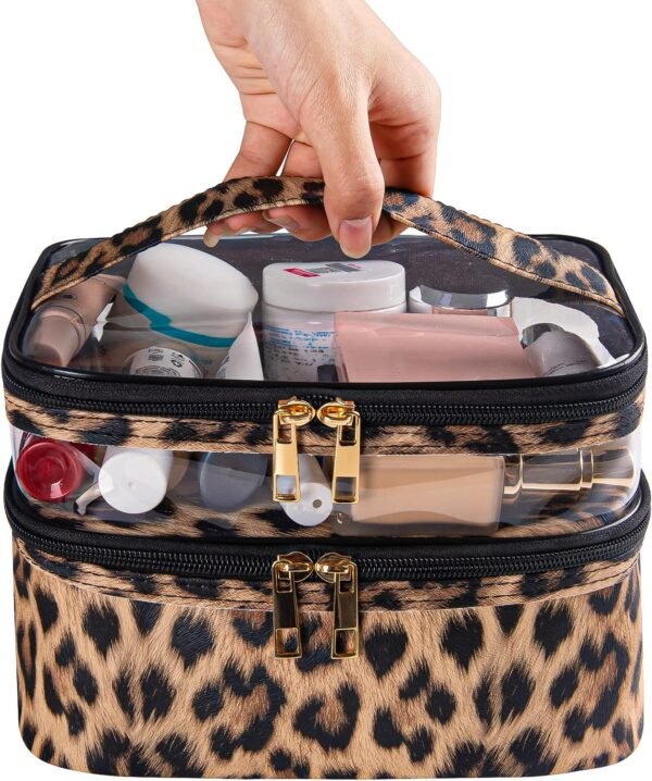 Double-layer Cosmetic Bag Makeup Bag Travel Makeup Bag Makeup Bags for Women Cosmetics Cases Portable Waterproof Foldable (Leopard)