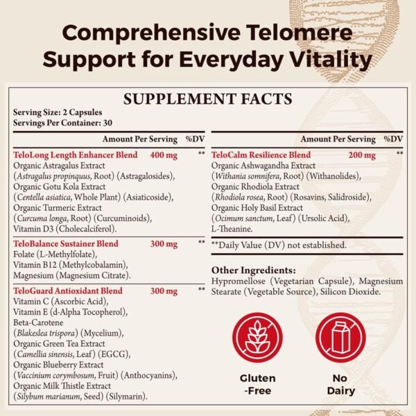 81JyTeVamWL._AC_SL1500_.jpg Telomere Lengthening Supplements – Organic Astragalus, Gotu Kola, Vitamin D3, Folate, L-Theanine – Anti-Aging, DNA Repair, Immune & Cellular – 60 Vegan Capsules, Made in Japan (1 Bottle)