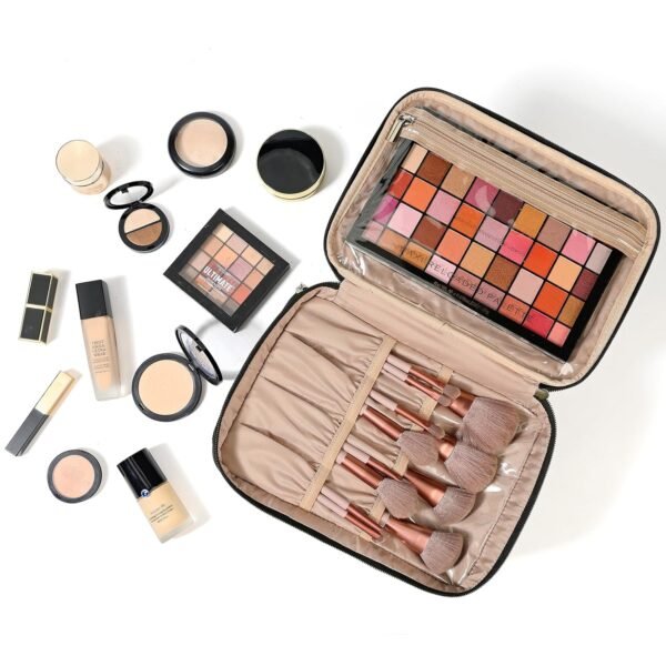 NISHEL Large Double Layer Travel Makeup Bag Women, Cosmetic Case, Organizer for Travel-Size Accessories Bottles, Brushes, Conditioner, and Skin Care Products, Black