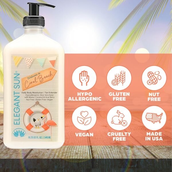 Coral Beach Daily Moisturizer, Tan Extender Lotion, for After Sun or Tanning Bed, Aloe Vera base, Hypoallergenic, Sensitive Skin, Great for Men and Women, Unisex Fresh Scent