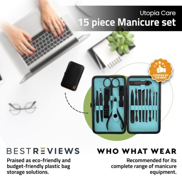 Utopia Care - Manicure Kit for Women and Men, 15-Pcs Manicure Set with Nail Clippers or Nail Kit Includes Fingernail & Toenail Clipper, Pedicure Kit with Luxurious Travel Case Present for Men, Father