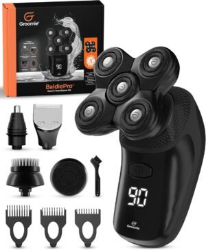81KxqHRHlUL._AC_SL1500_.jpg Groomie Cordless Bald Head Shavers for Men, BaldiePro Head Grooming Kit - Ergonomic & Waterproof Head Shavers for Bald Men - Electric Hair Shaver & Head Razor - Men's Rotary Shaver for Smooth Shave