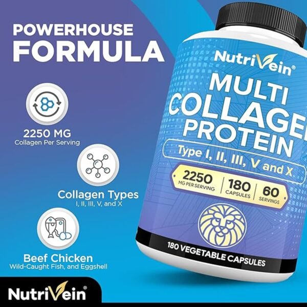 81Ld1lPpwcL._AC_SL1500_.jpg Nutrivein Premium Multi Collagen Pills 2250 mg - 180 Easy-to-Swallow Collagen Capsules: Type I, II, III, V, X Hydrolyzed Protein Peptides for Women and Men - Aging, Joints, Hair, Skin, Bones, & Nails