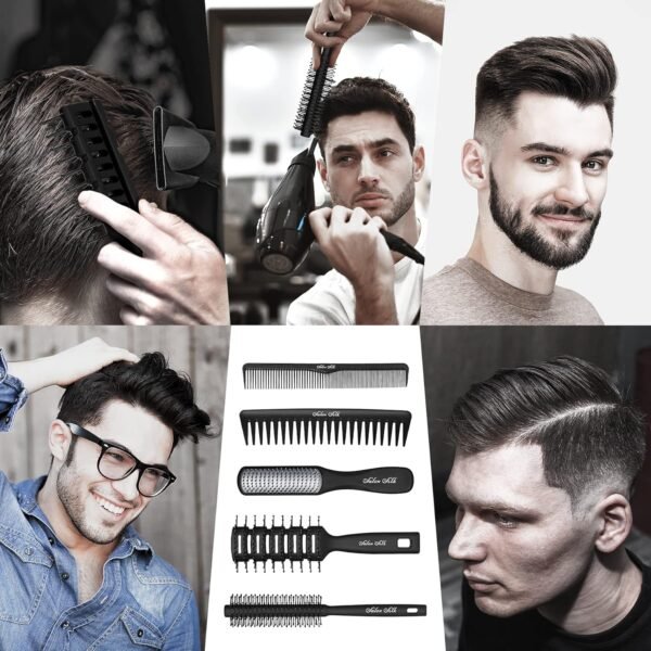 SalonSilk Hair Brush for Men, 5PCS Men Hair Brush & Styling Comb Set - Professional Barber Tools for All Hair Types, Perfect for Styling, Grooming, and Detangling