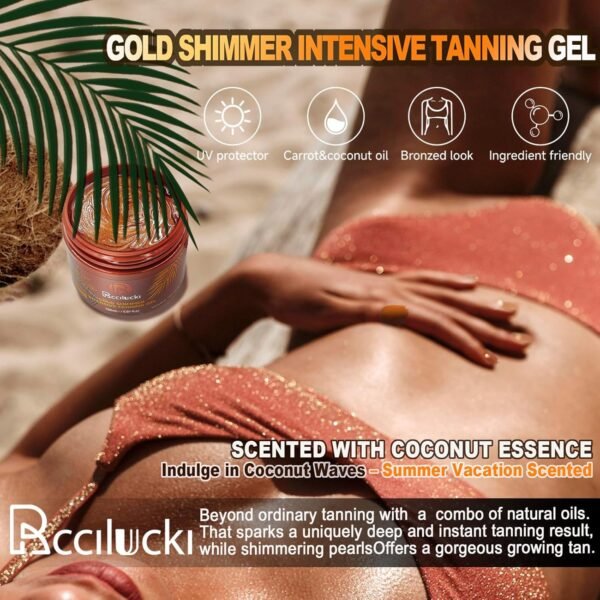 Golden Shimmer Tanning Gel-Browning Tan Accelerator-Hydrating Bronze Enhancer with Carrot & Coconut | Tanning Cream for Sun/Tanning Bed Use (5 Fl Oz)