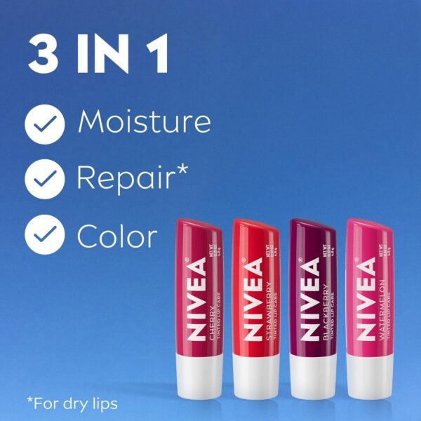 81MC9NCVPgL._SL1500_.jpg NIVEA Lip Care, Fruity Tinted Lip Balm Variety Pack, Cherry, Strawberry, Blackberry and Watermelon Flavors, 3-in-1 Moisture, Repair and Color, 0.17 Oz Stick, Pack of 4