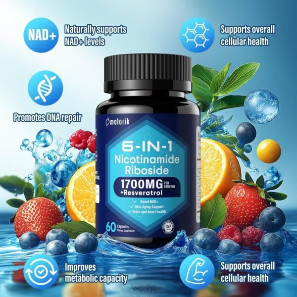 NAD+ Supplement, Nicotinamide Riboside 1700mg, with Trimethylglycine, Trans-Resveratrol, Vitamin C, Niacinm(B3), Supports Anti-Aging, Cell Repair, Healthy Skin, Vitality - 60 Capsules