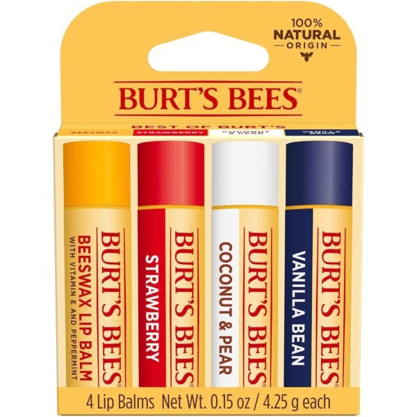81N7sp-w54L._SL1500_.jpg Burt's Bees Lip Balm, Beeswax, Strawberry, Coconut and Pear, and Vanilla Bean Pack, With Responsibly Sourced Beeswax, Tint-Free, Natural Lip Treatment, 4 Tubes, 0.15 oz.