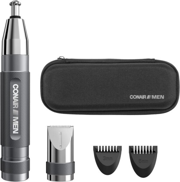 81NSzCnfWL._AC_SL1500_.jpg Conair Men Ear, Nose and Eyebrow Trimmer, Patented 360° Bevel Blade for No Pulls, Nicks or Cuts Guaranteed, Nose Hair Trimmer for Men, Non-Slip Grip, 5-Piece Kit with Travel Case